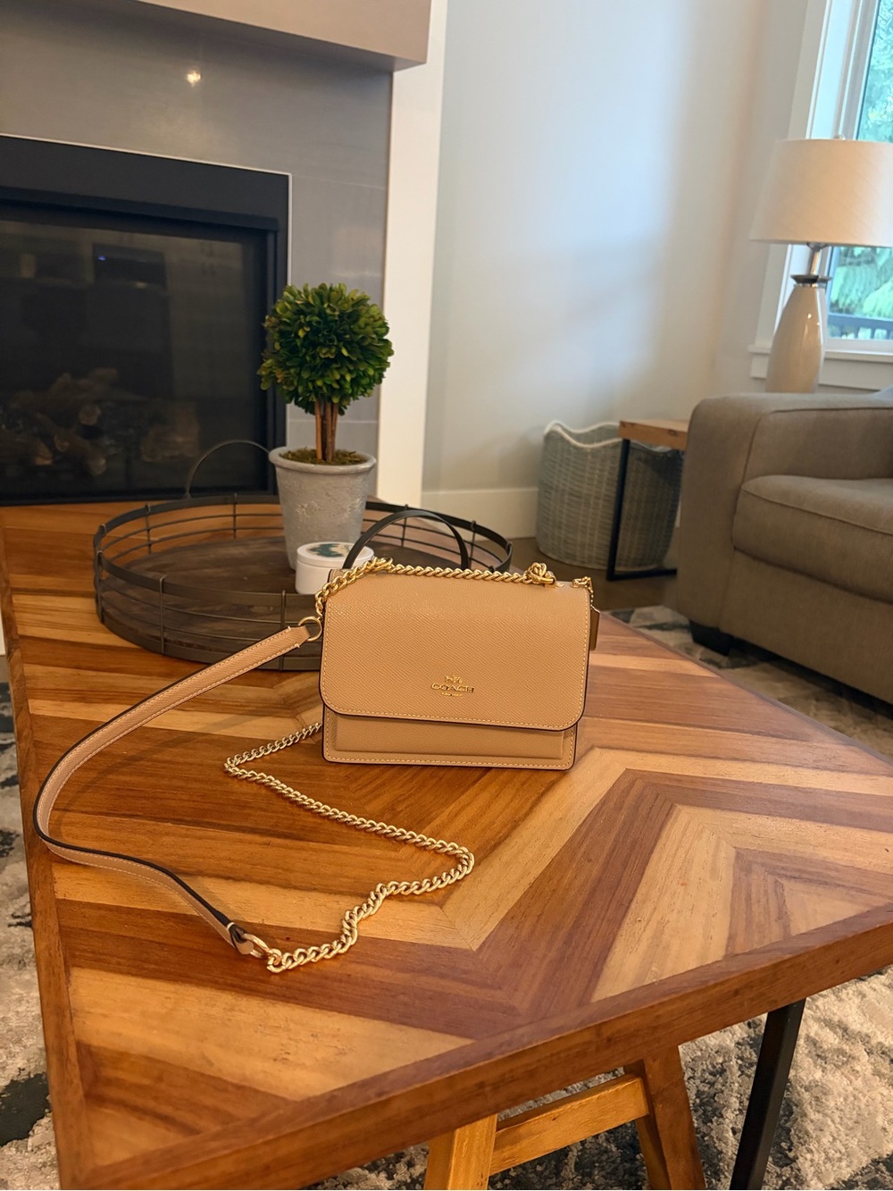 Coach Tan Pebbled Leather Crossbody with Gold Chain